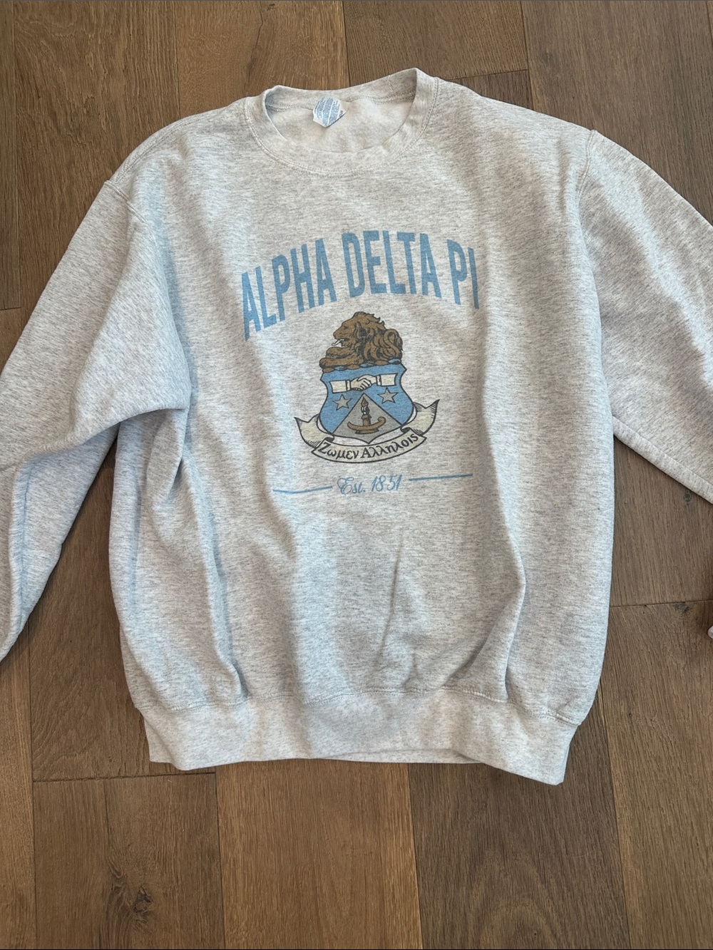 Port and Company Alpha Delta Pi Light Gray Crewneck Sweatshirt with Blue Crest